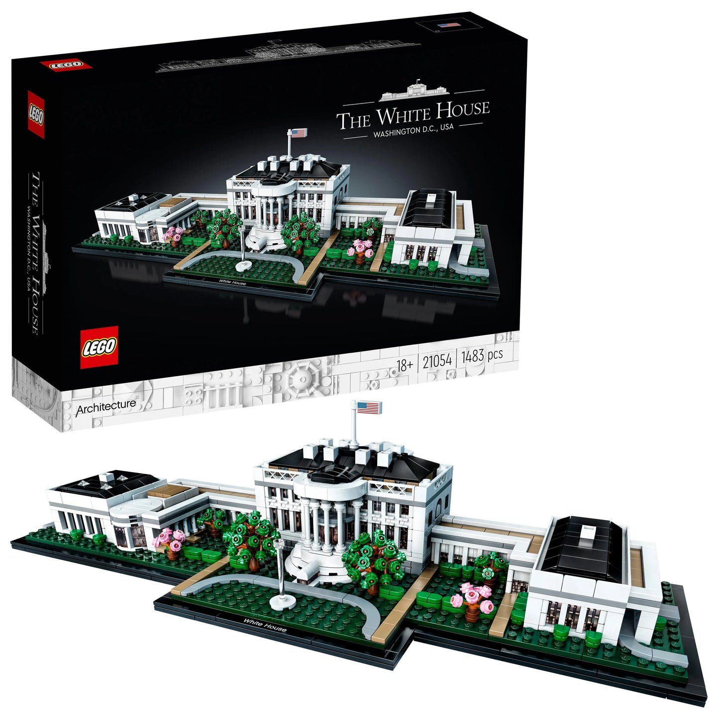 LEGO Architecture 21054 The White House model set showcasing intricate details of the iconic building in black house white theme