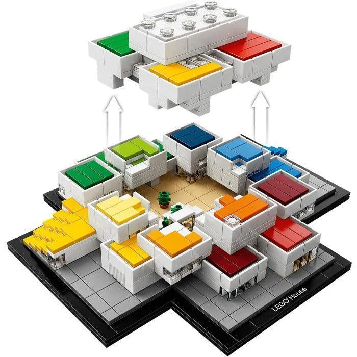 Detailed LEGO Architecture model showcasing a vibrant LEGO House with interlocking colorful bricks