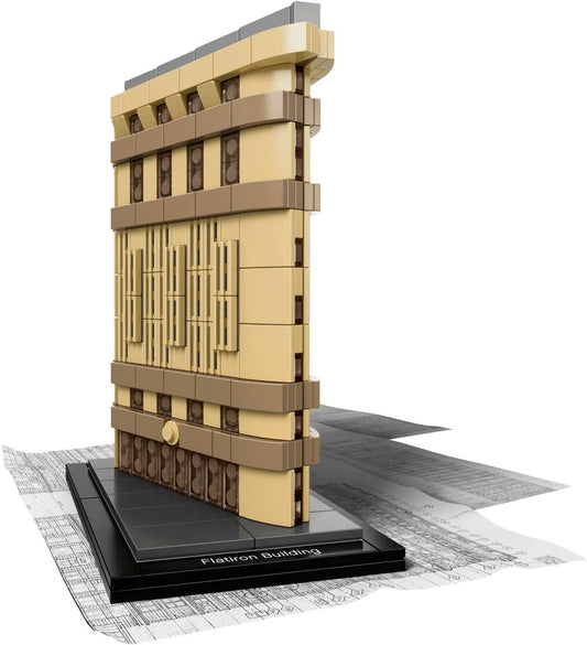 LEGO Architecture model of the Flatiron Building in Manhattan with detailed façade and base design