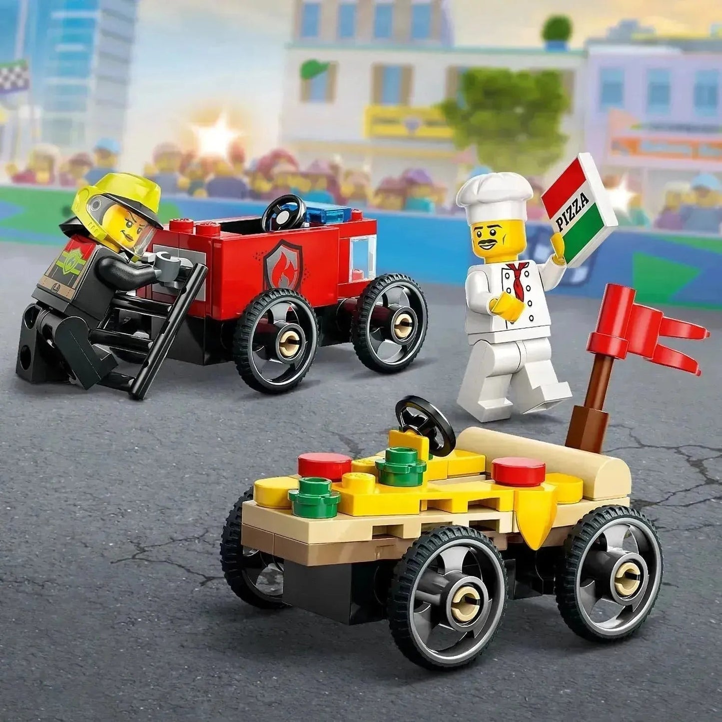 حزمة LEGO Raceauto: Pizzabestelwagen vs Brandweerwagen 60458 City