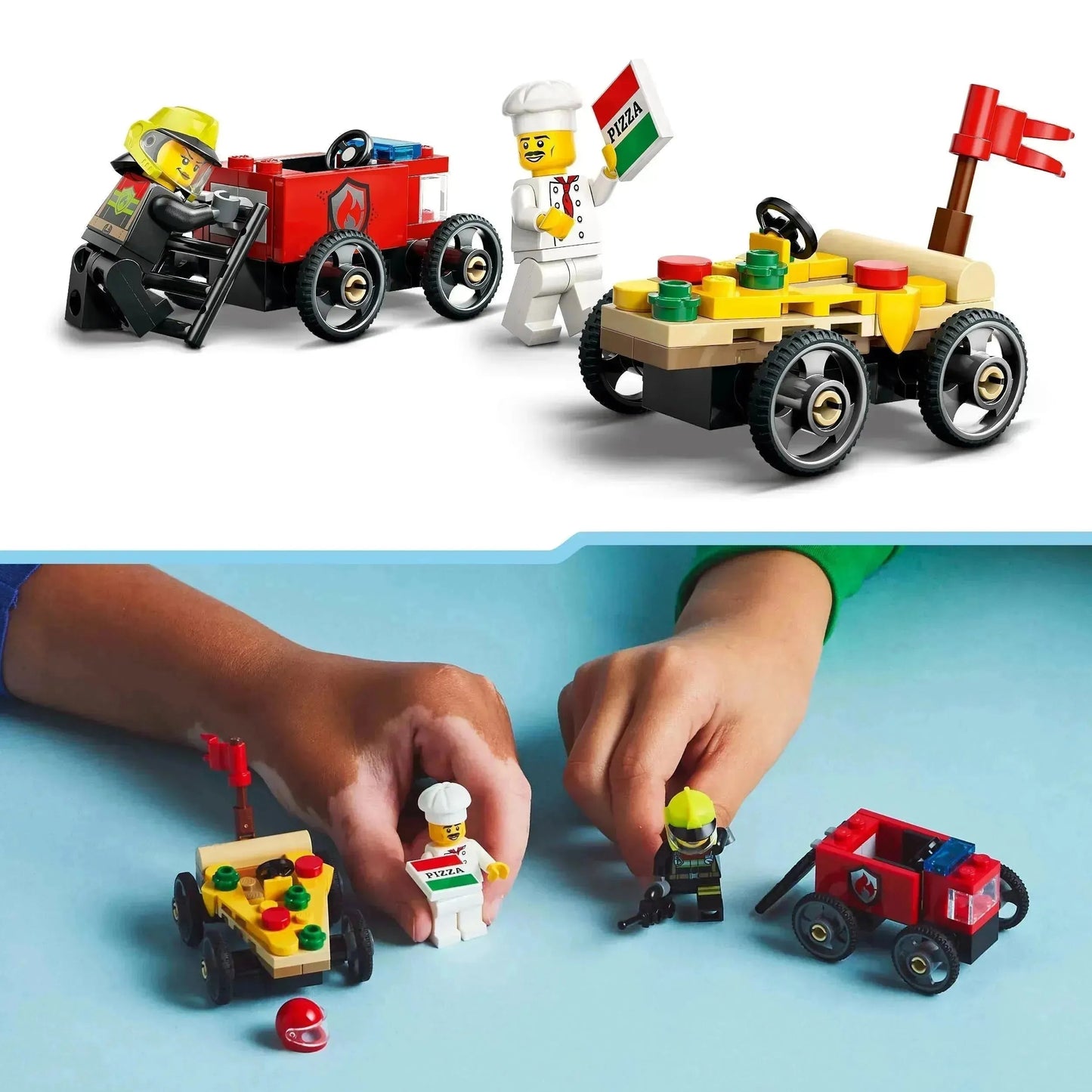 حزمة LEGO Raceauto: Pizzabestelwagen vs Brandweerwagen 60458 City