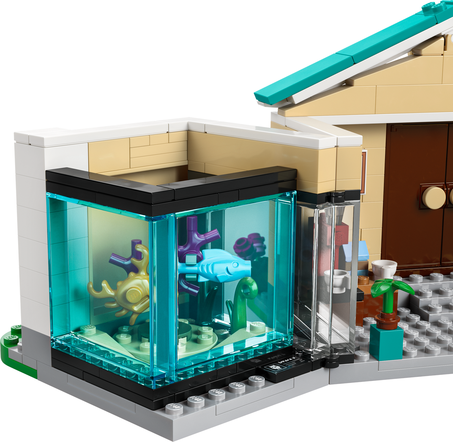 LEGO aquarium model featuring colorful fish and marine plants for imaginative play