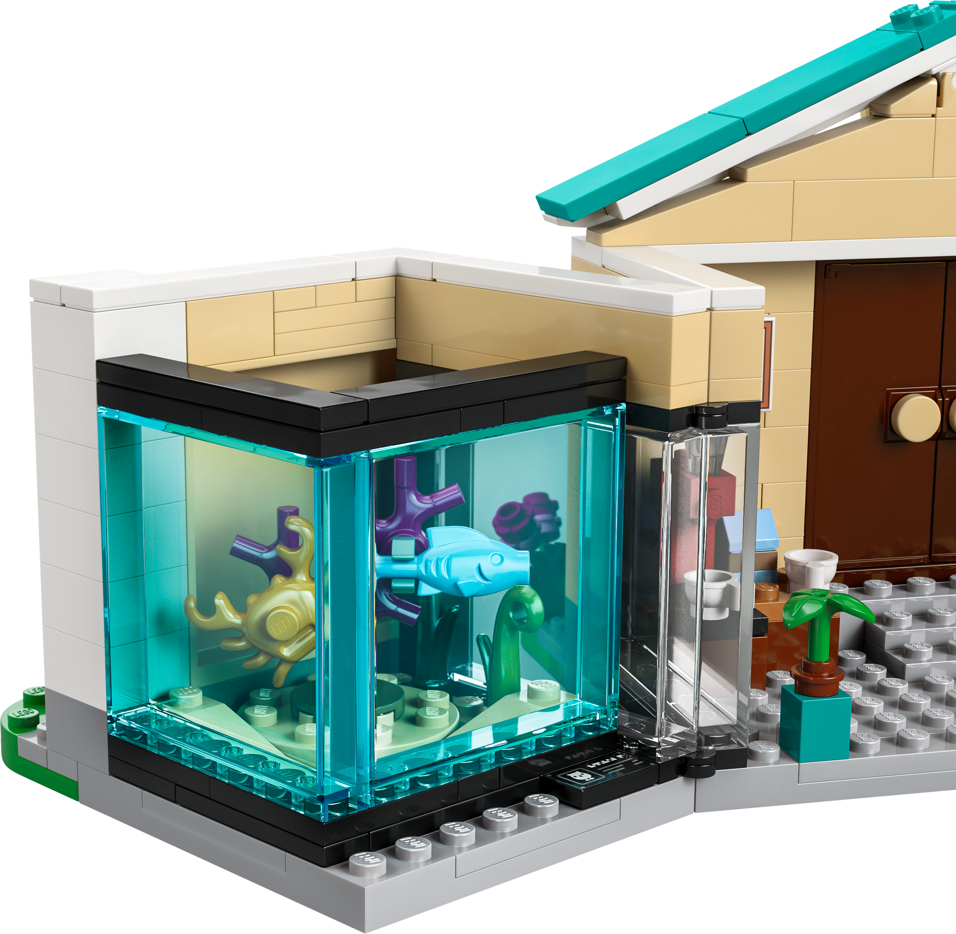 LEGO aquarium model featuring colorful fish and marine plants for imaginative play