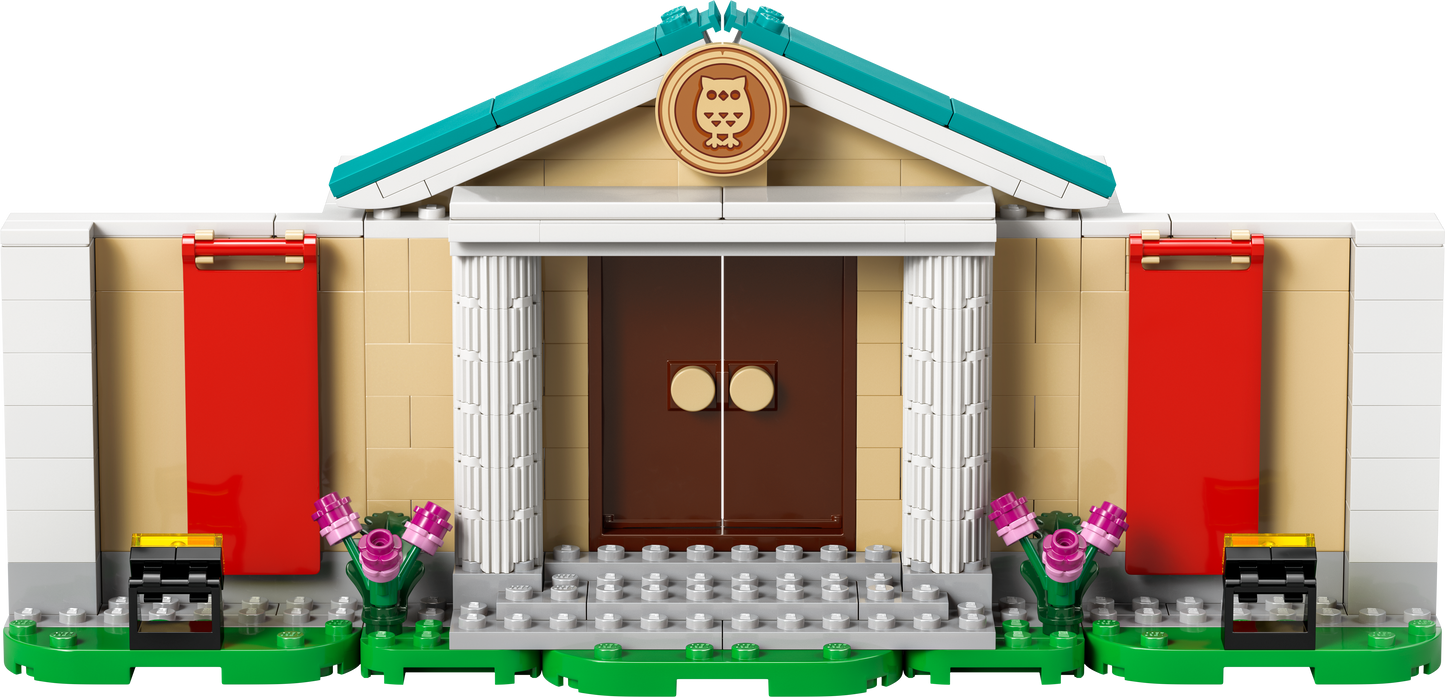 LEGO building set featuring a detailed museum facade with colorful flowers and entrance steps