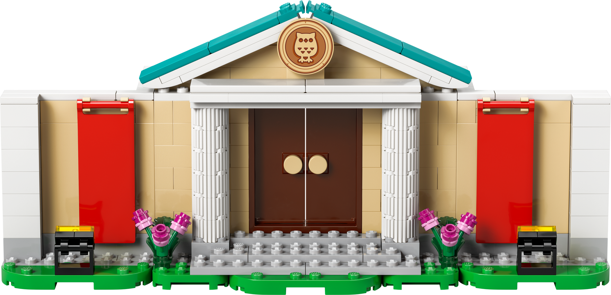 LEGO building set featuring a detailed museum facade with colorful flowers and entrance steps