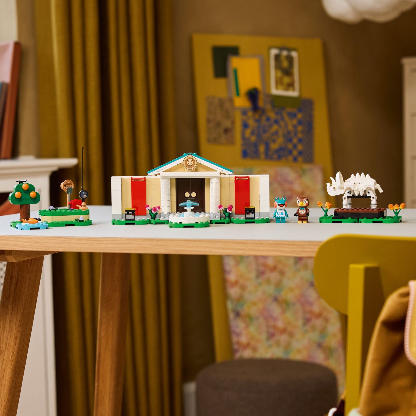 Colorful LEGO building set displayed on a table with creative characters and structures