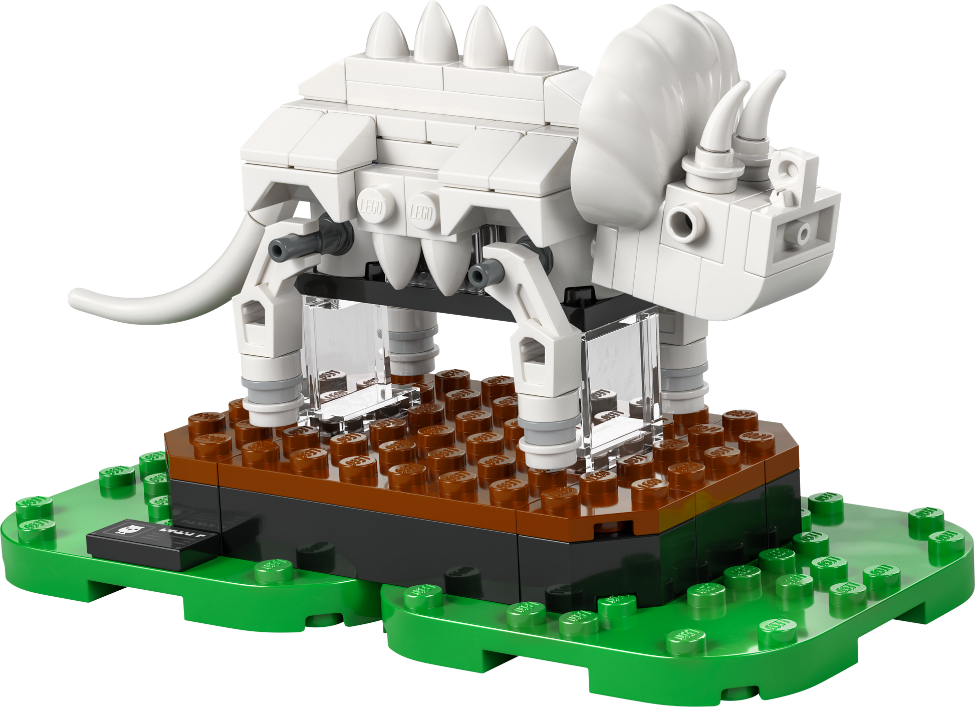 LEGO Triceratops Model on a Green Base with Transparent Supports for Creative Building