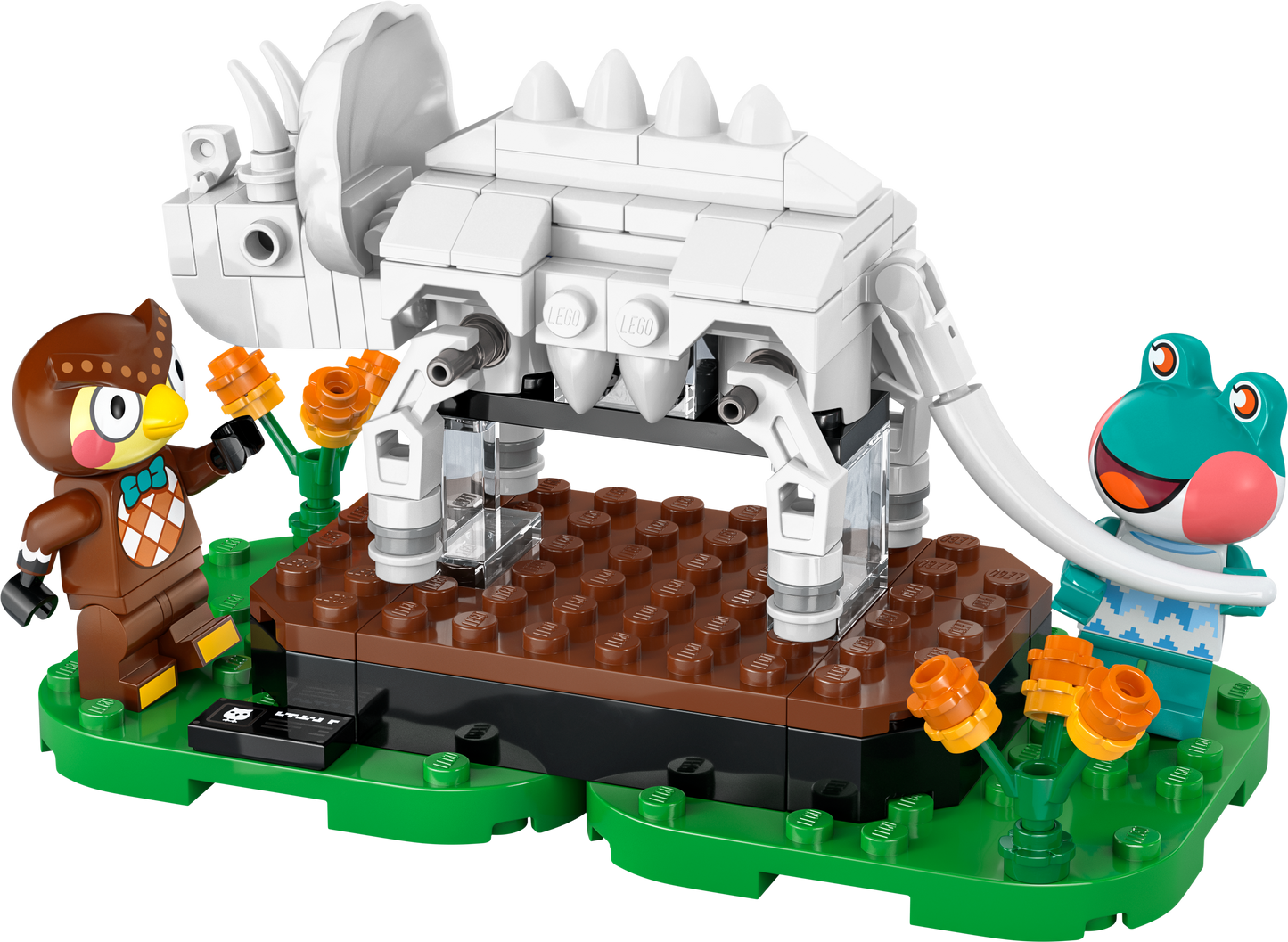 LEGO dinosaur model with a triceratops skeleton beside colorful characters in a garden setting
