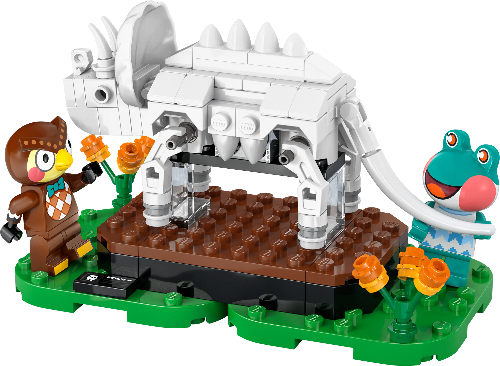 LEGO dinosaur model with a triceratops skeleton beside colorful characters in a garden setting