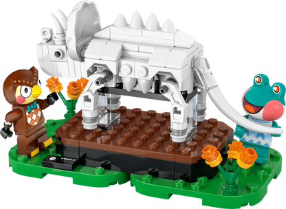 LEGO dinosaur model with a triceratops skeleton beside colorful characters in a garden setting