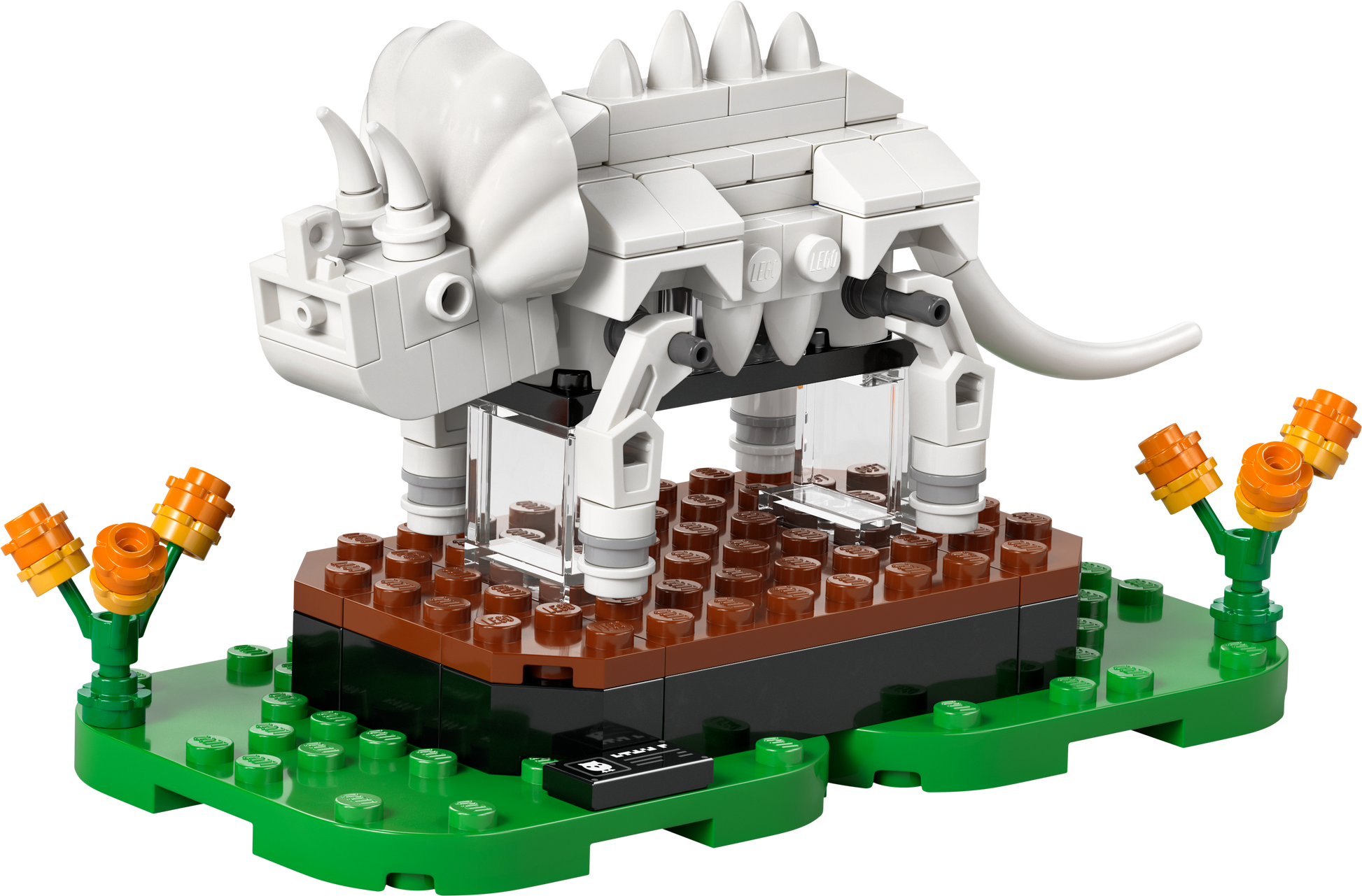 LEGO Triceratops Model on a Display Base with Colorful Flowers and Grass Elements