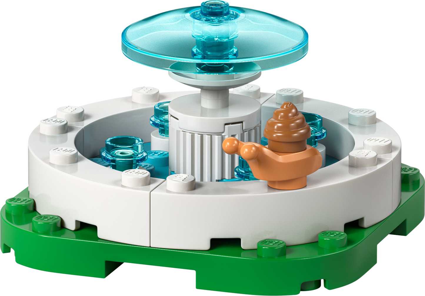 LEGO fountain building set with a teal water feature and a cute snail figure on green base