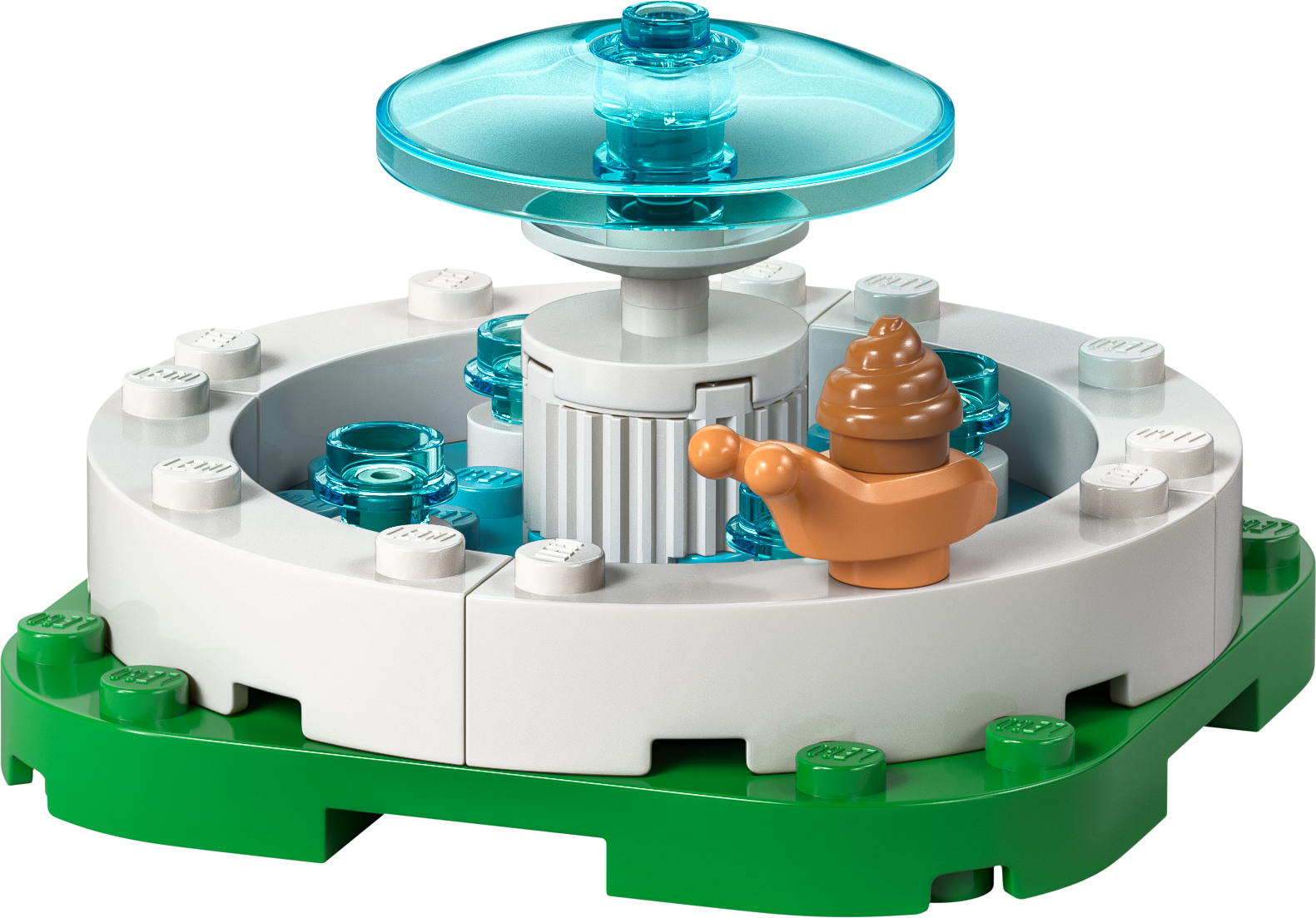 LEGO fountain building set with a teal water feature and a cute snail figure on green base