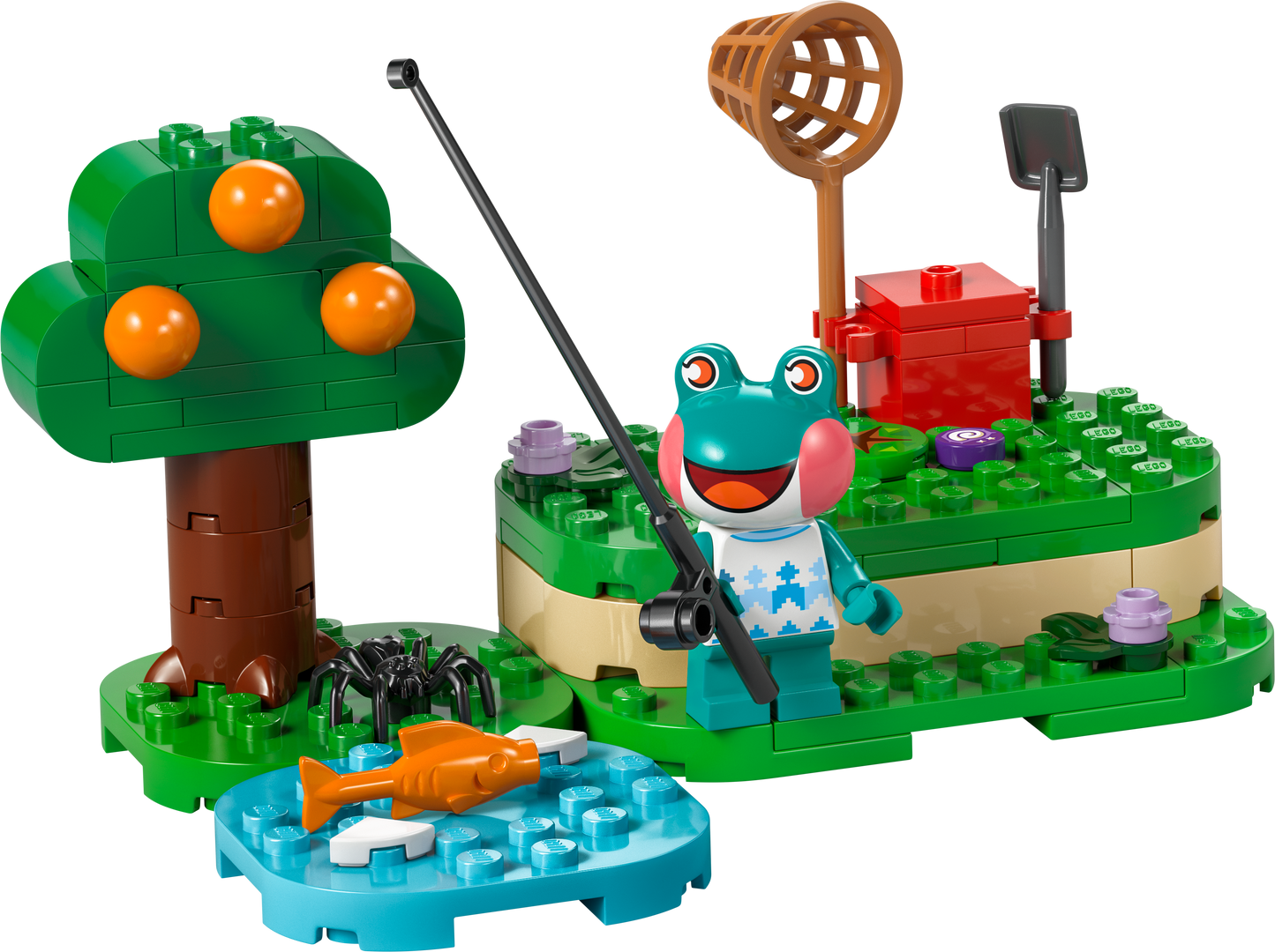 Colorful LEGO frog fishing set with tree, pond, and accessories for creative play