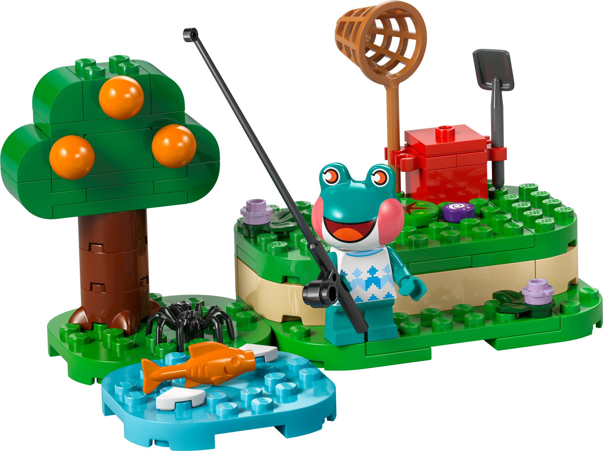 Colorful LEGO frog fishing set with tree, pond, and accessories for creative play