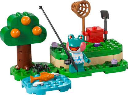 Colorful LEGO frog fishing set with tree, pond, and accessories for creative play