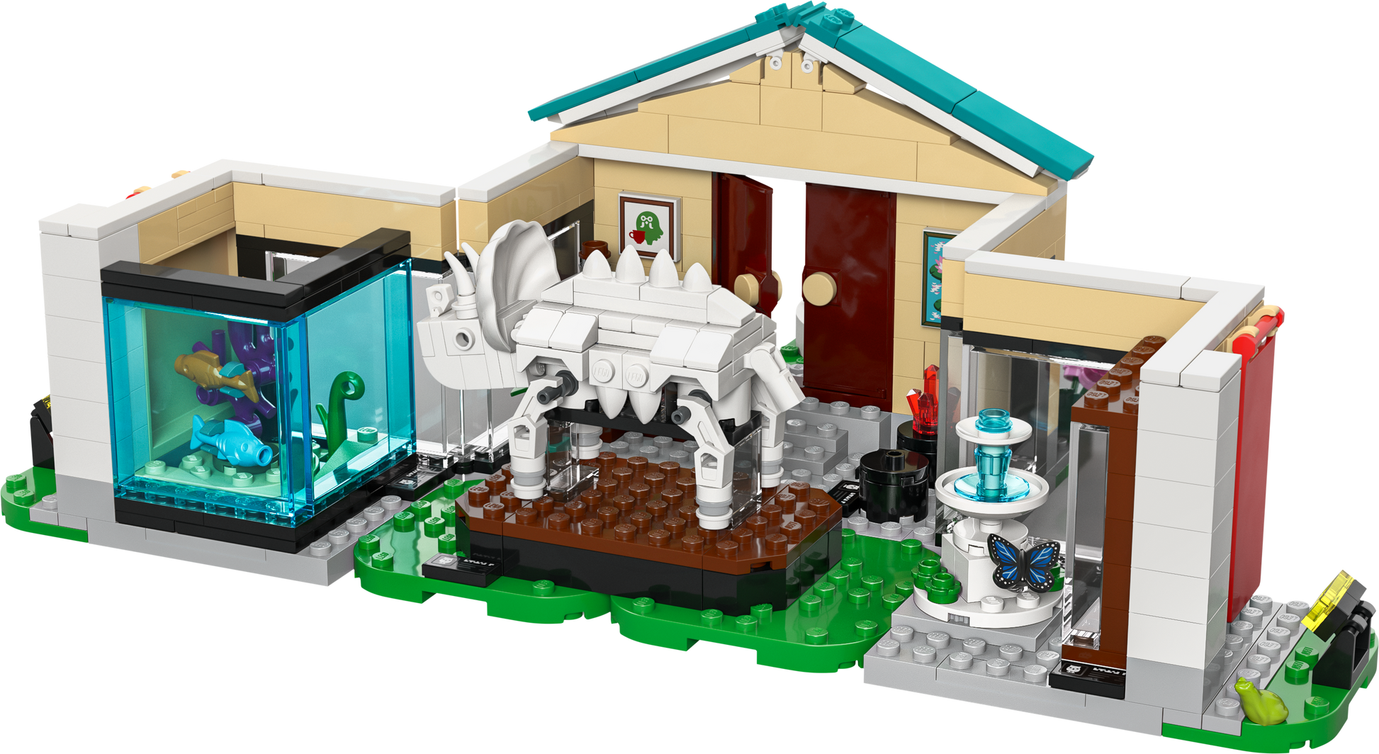 LEGO dinosaur museum set featuring a triceratops model, aquarium, and butterfly display
