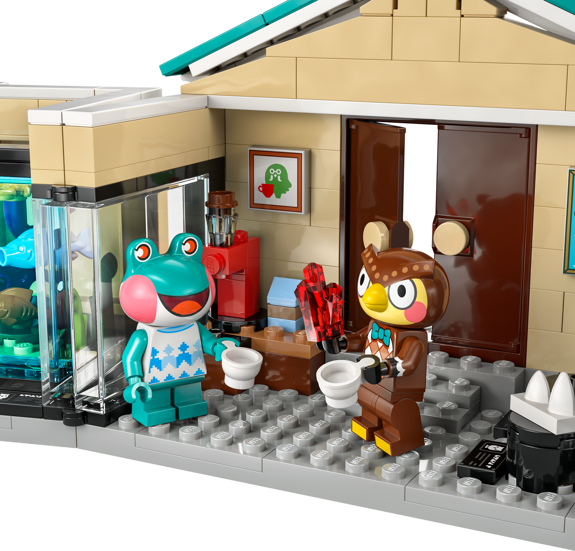LEGO Animal Crossing Set with Frog and Owl Characters in Colorful Interior Scene