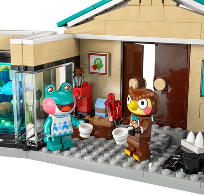 LEGO Animal Crossing Set with Frog and Owl Characters in Colorful Interior Scene
