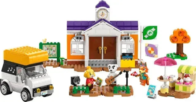 LEGO Animal Crossing set featuring a schoolhouse, characters, and a vehicle for imaginative play