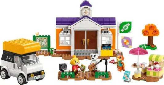 LEGO Animal Crossing set featuring a schoolhouse, characters, and a vehicle for imaginative play