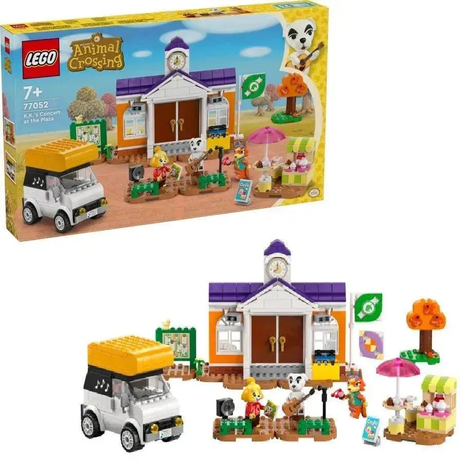 LEGO Animal Crossing set featuring a village scene with a vehicle, characters, and building elements