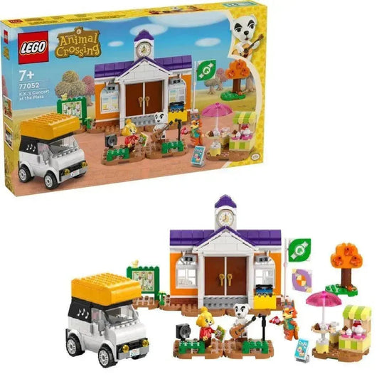 LEGO Animal Crossing set featuring a village scene with a vehicle, characters, and building elements