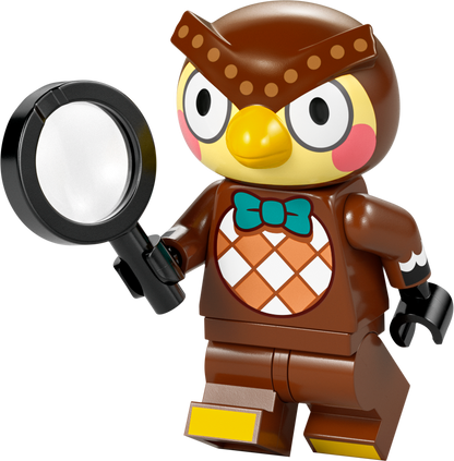 LEGO owl minifigure in a brown costume holding a magnifying glass for creative play