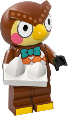 LEGO character dressed as an owl holding a plate with eggs, perfect for creative play