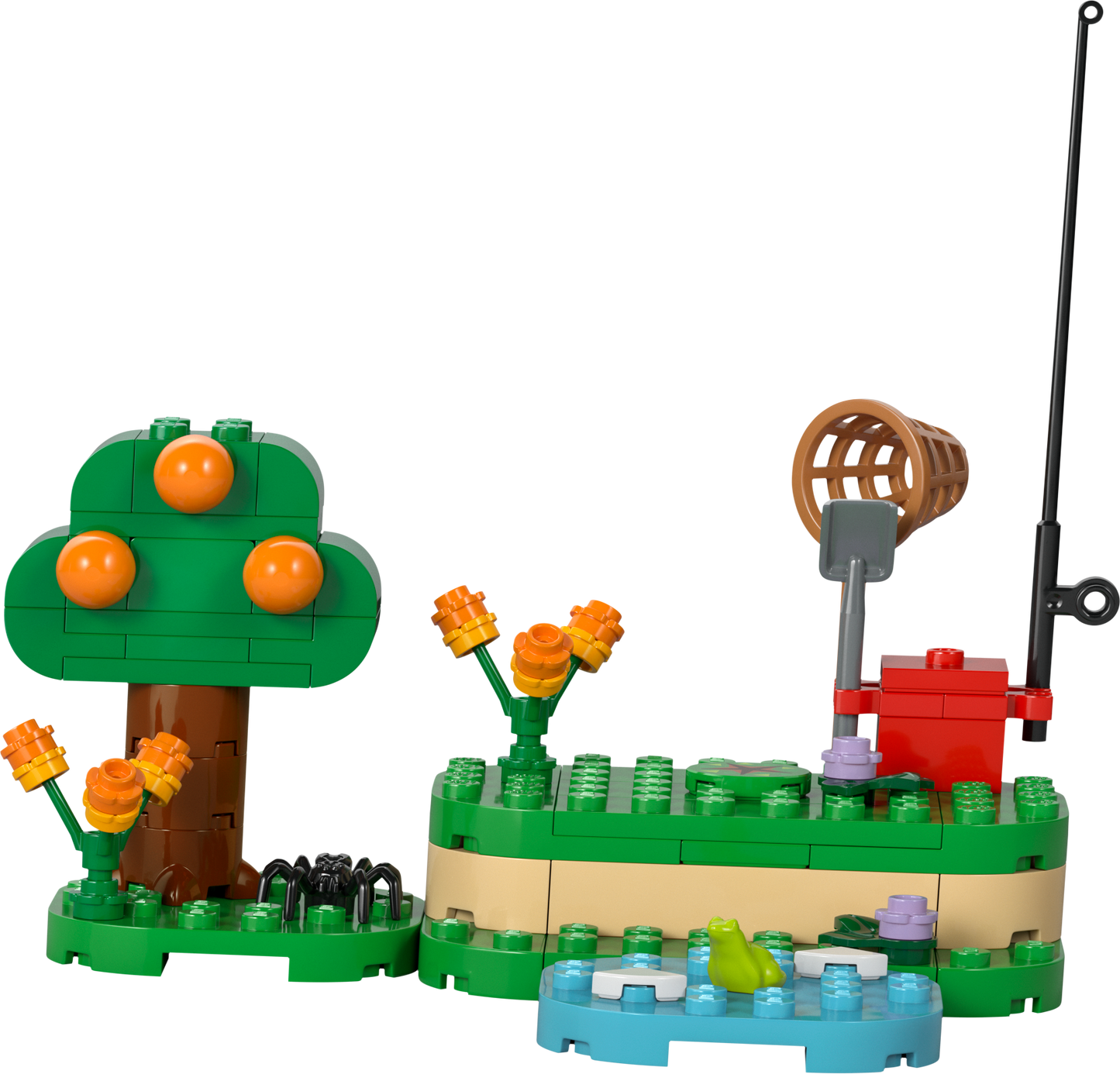 Colorful LEGO fishing scene with a tree, flowers, and a pond for creative building play