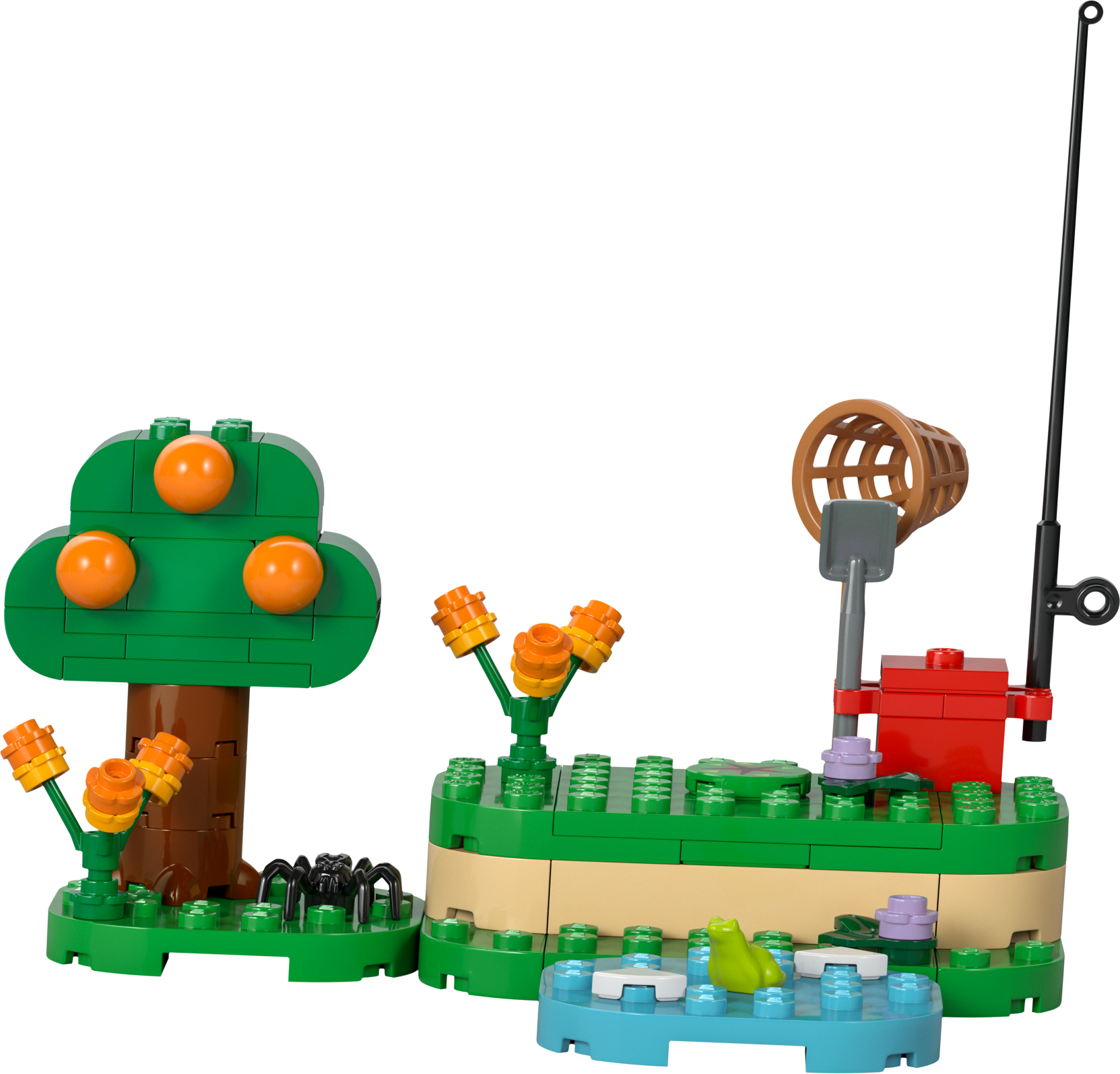 Colorful LEGO fishing scene with a tree, flowers, and a pond for creative building play