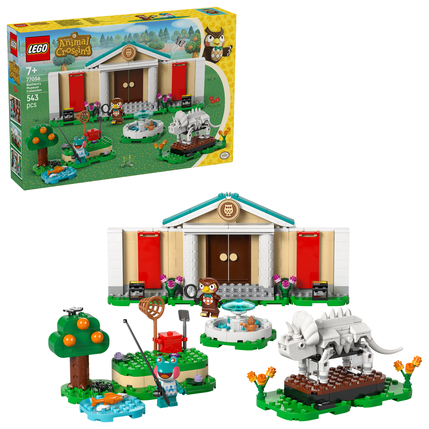 LEGO Animal Crossing Building Set with 543 pieces featuring characters, trees, and a lion statue