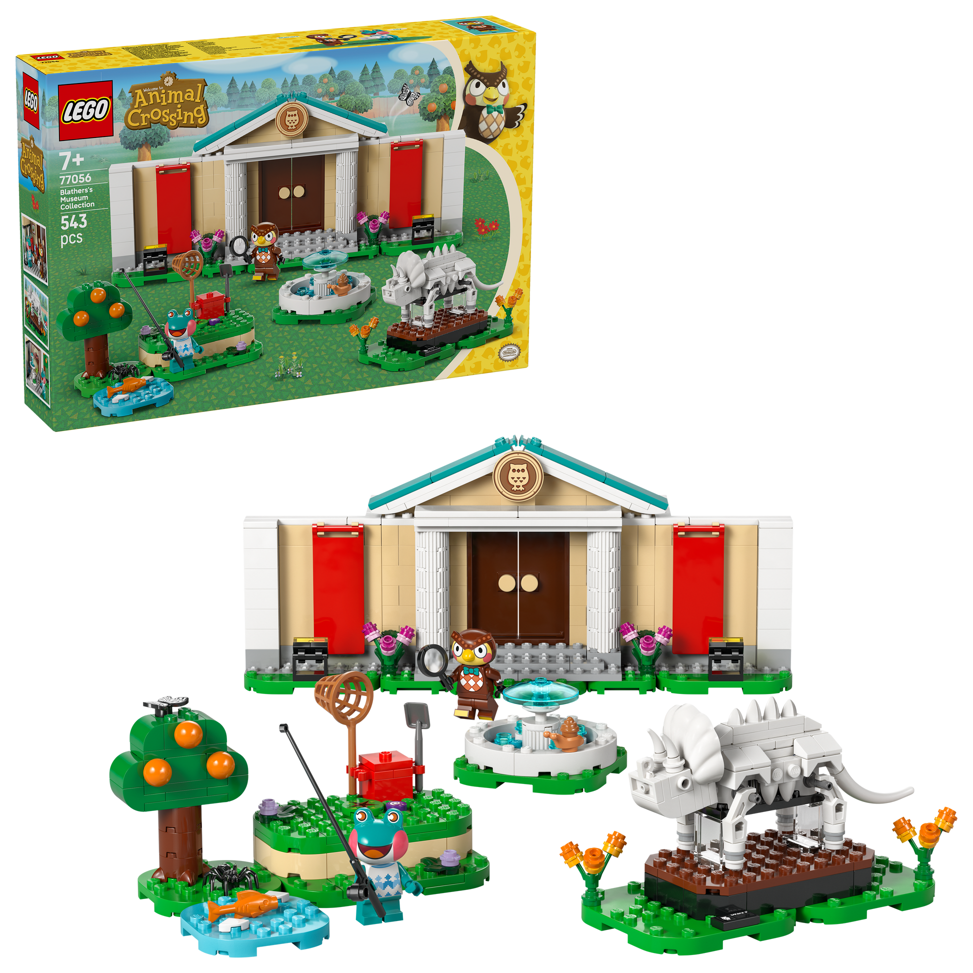 LEGO Animal Crossing Building Set with 543 pieces featuring characters, trees, and a lion statue
