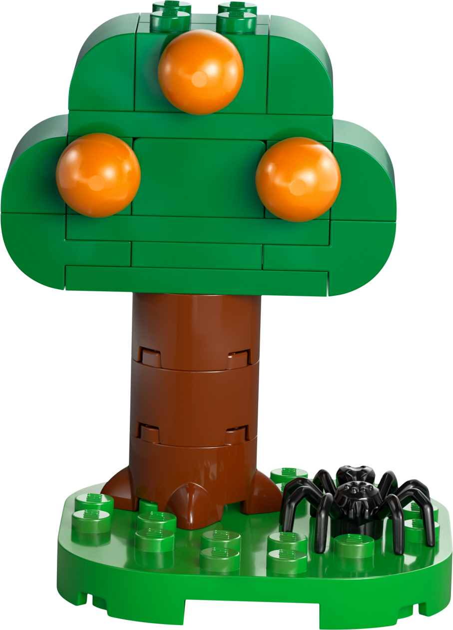 LEGO tree model with orange fruits and a spider figure for creative building fun