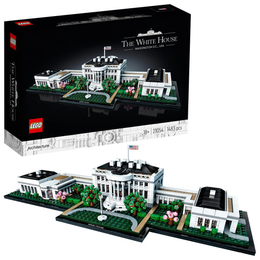 LEGO Architecture 21054 The White House model set showcasing intricate details of the iconic building in black house white theme