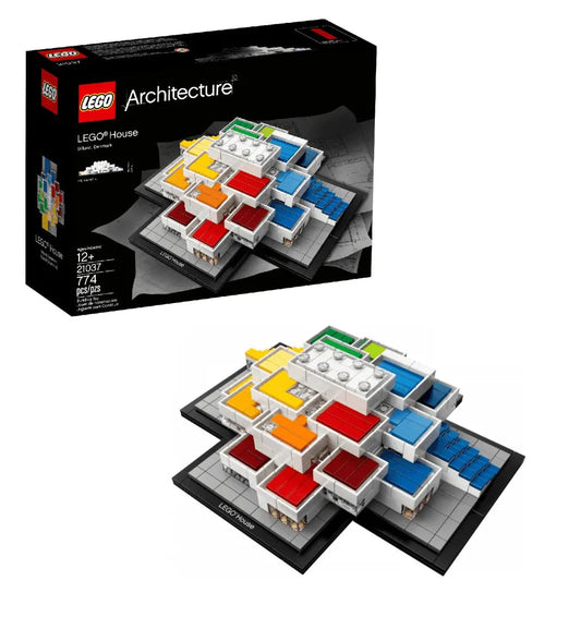 LEGO Architecture set featuring a colorful model of LEGO House with detailed design and 774 pieces
