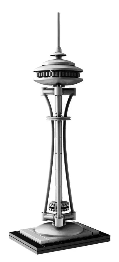 LEGO model of the Space Needle in black and white with detailed architectural design