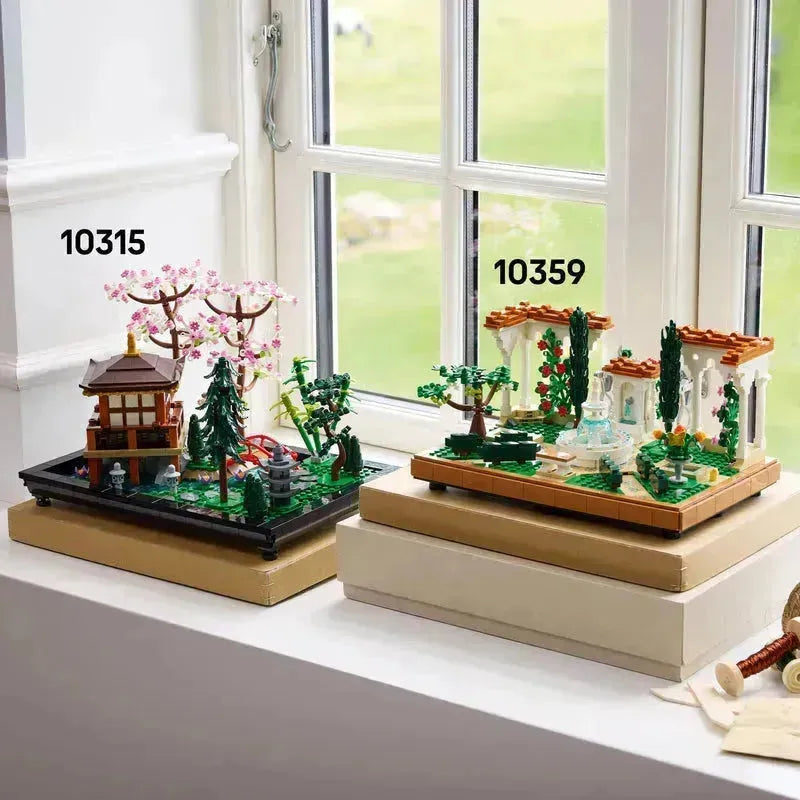 Lego Botanical Garden display with colorful plants and beautiful structures for creative builders