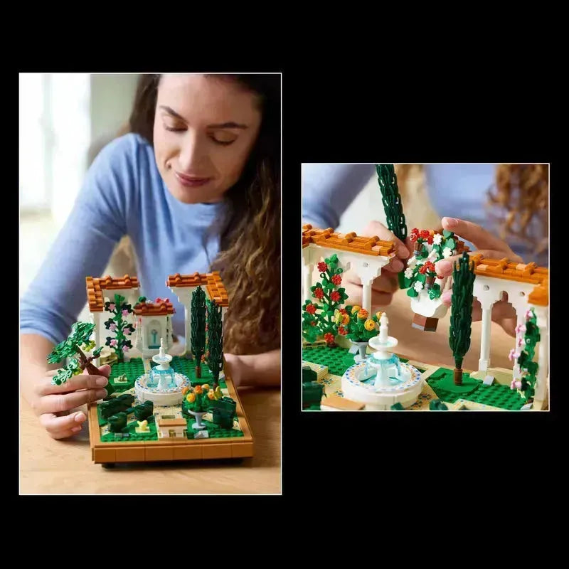 Woman assembling a colorful lego botanical garden set featuring fountains and plants