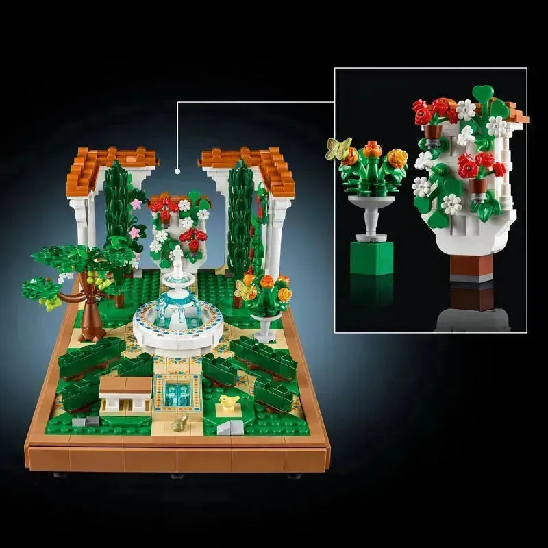 2TTOYS LEGO Botanical Garden set featuring a fountain, flowers, and decorative greenery