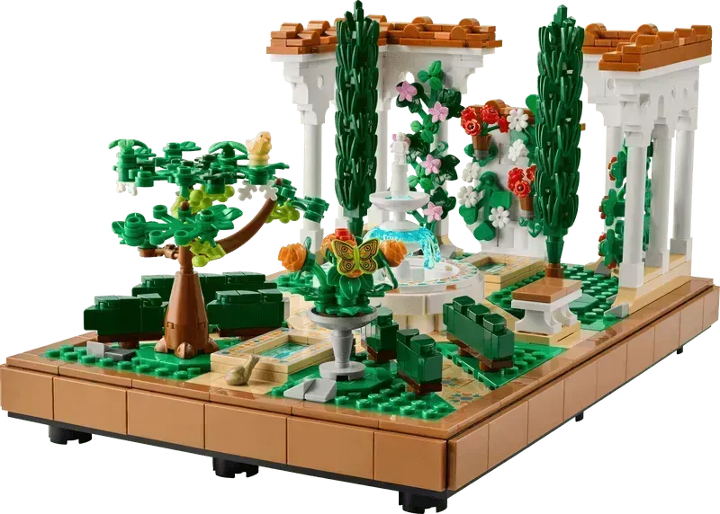 2TTOYS Lego Botanical Garden Set featuring colorful flowers, trees, and elegant structures