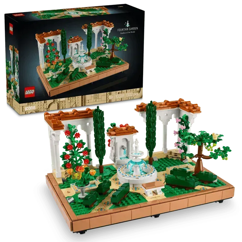 LEGO Botanical Garden Set featuring a fountain, greenery, and colorful flowers, perfect for creative building
