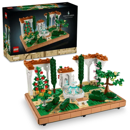 LEGO Botanical Garden Set featuring a fountain, greenery, and colorful flowers, perfect for creative building