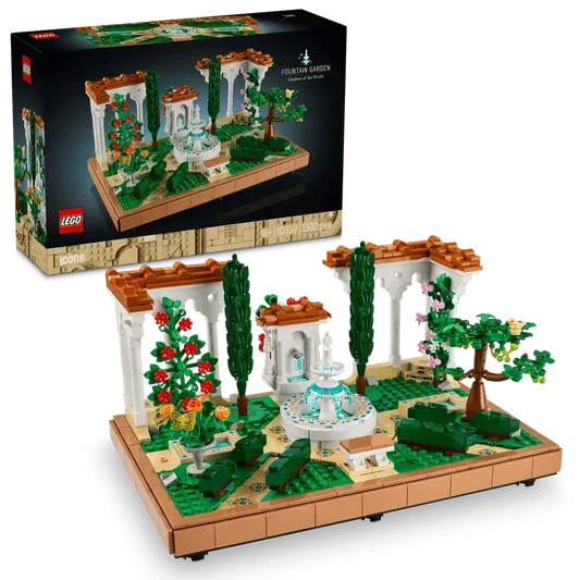 LEGO Botanical Garden Set featuring a fountain, greenery, and colorful flowers, perfect for creative building