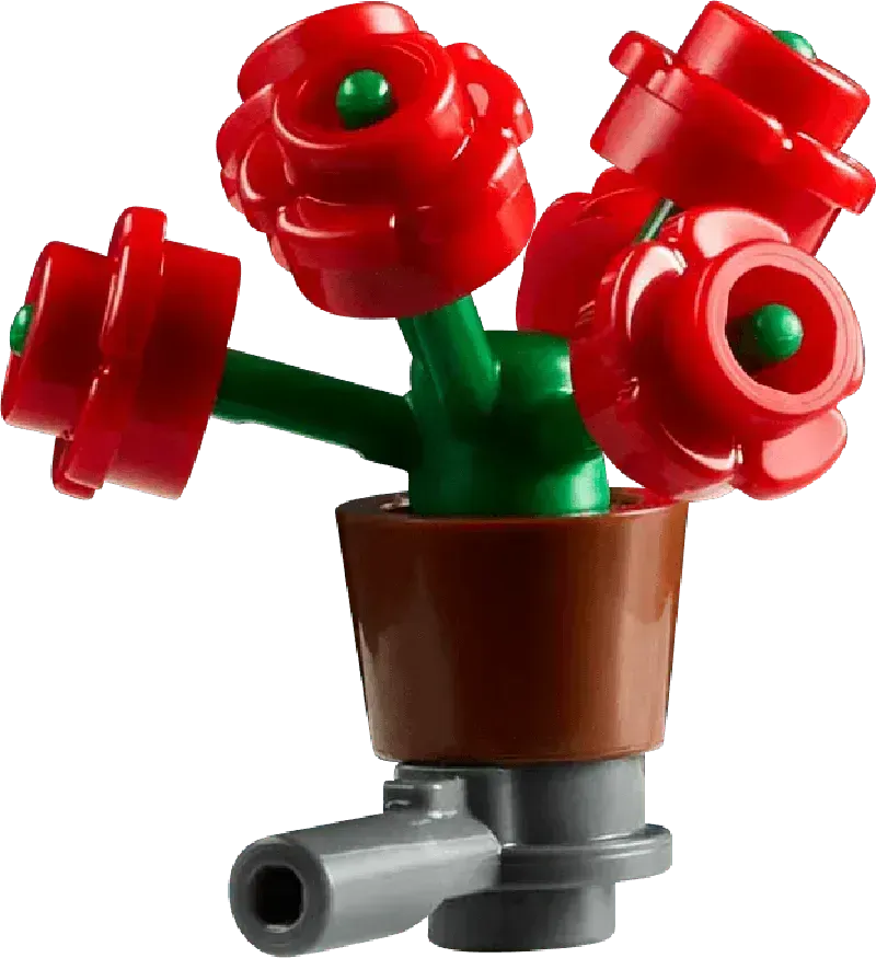 Lego botanical garden build featuring vibrant red flower pieces in a brown pot