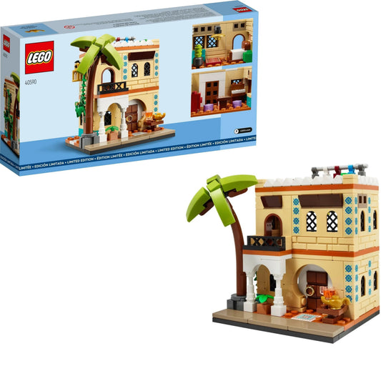 LEGO houses set featuring a charming building with palm trees and colorful details