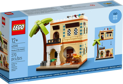LEGO Houses set 40590 featuring a colorful building model with palm tree and interior details