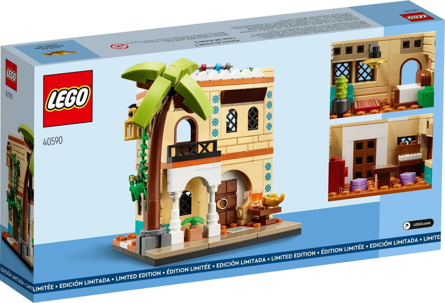 LEGO building set 40590 featuring colorful lego houses with tropical palm tree design