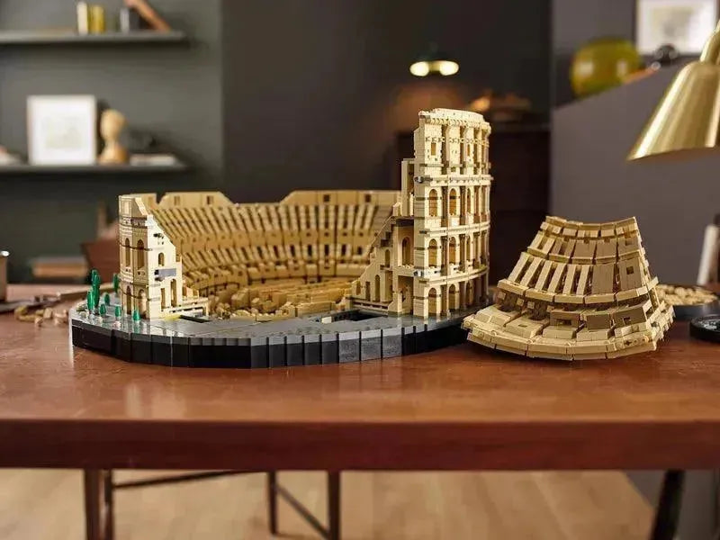 LEGO Creator Expert Roman Colosseum Set 10276 detailed model on a wooden table showcasing iconic architecture