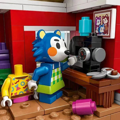 LEGO Animal Crossing set featuring a character using a coffee machine in a colorful room